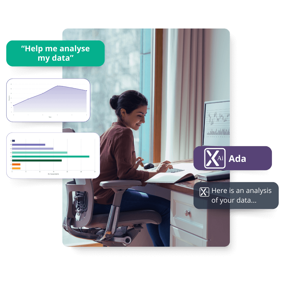 A woman sits at a desk in a modern office in her computer screen analysing data while smiling with floating UI elements
