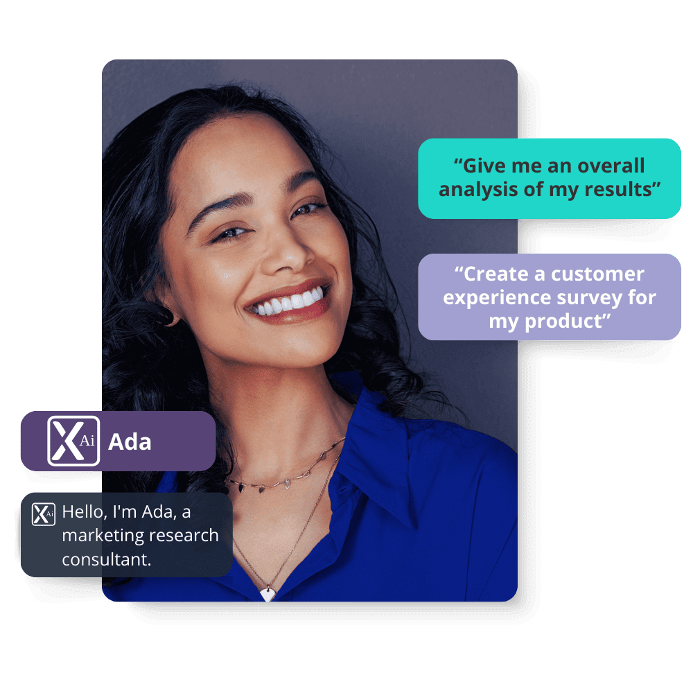 A close up of smiling women in blue shirt with floating UI elements