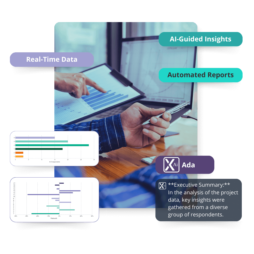 A business meeting scene, with people reviewing charts and graphs, suggesting a data analysis or reporting session
