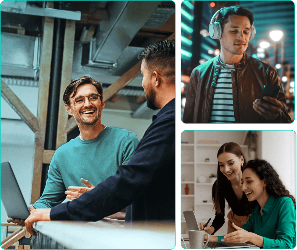 A digital collage depicts various scenes of people interacting in different settings, evoking a sense of connection and collaboration